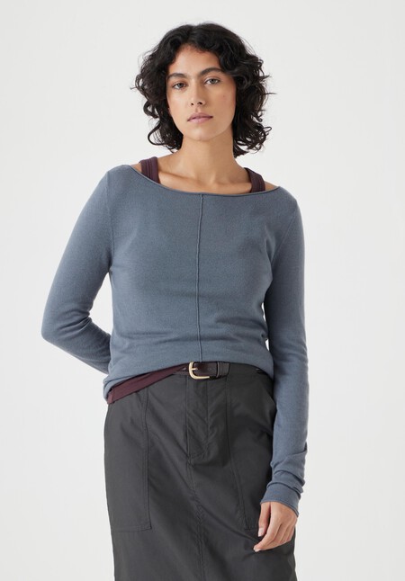 Fine Knit Slash Neck Seam Detail Top